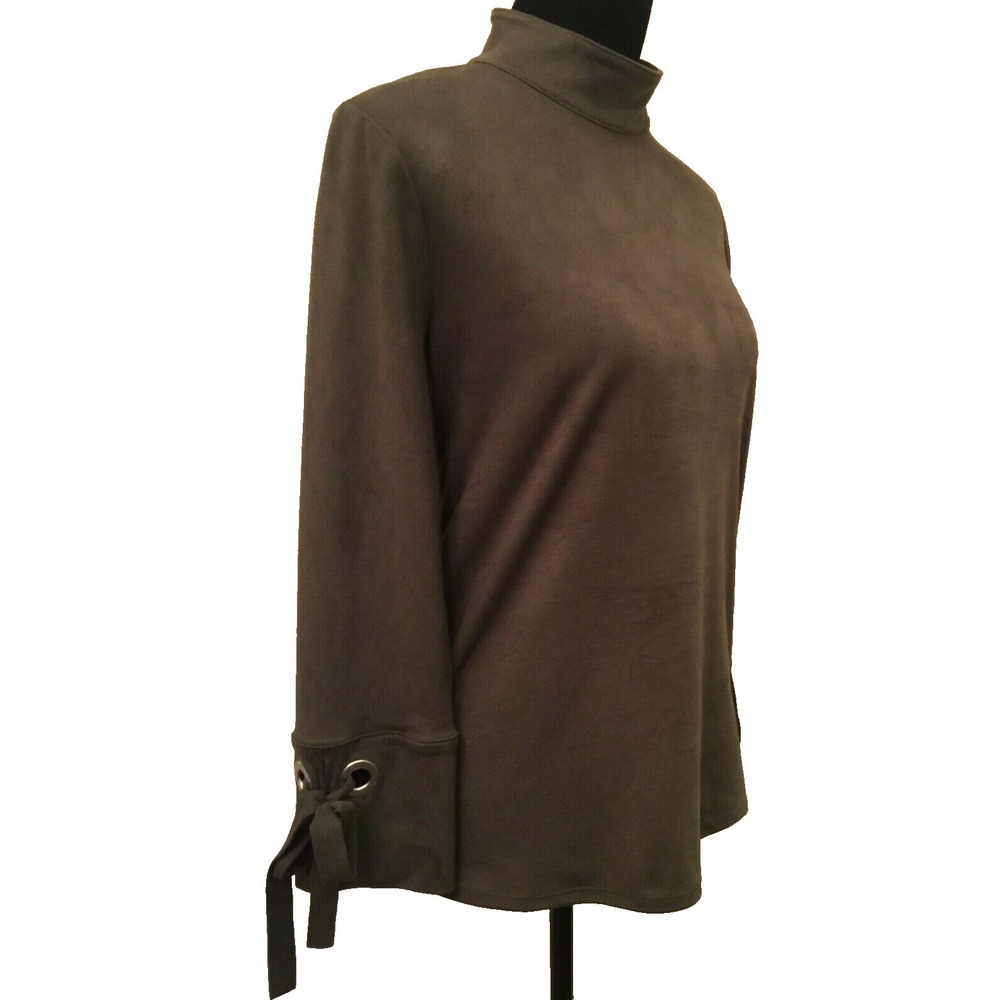 Chico's Womens Mock Neck Top Sz 1 Green Faux Suede Long Sleeve Tie Cuff Stretch - Picture 6 of 12
